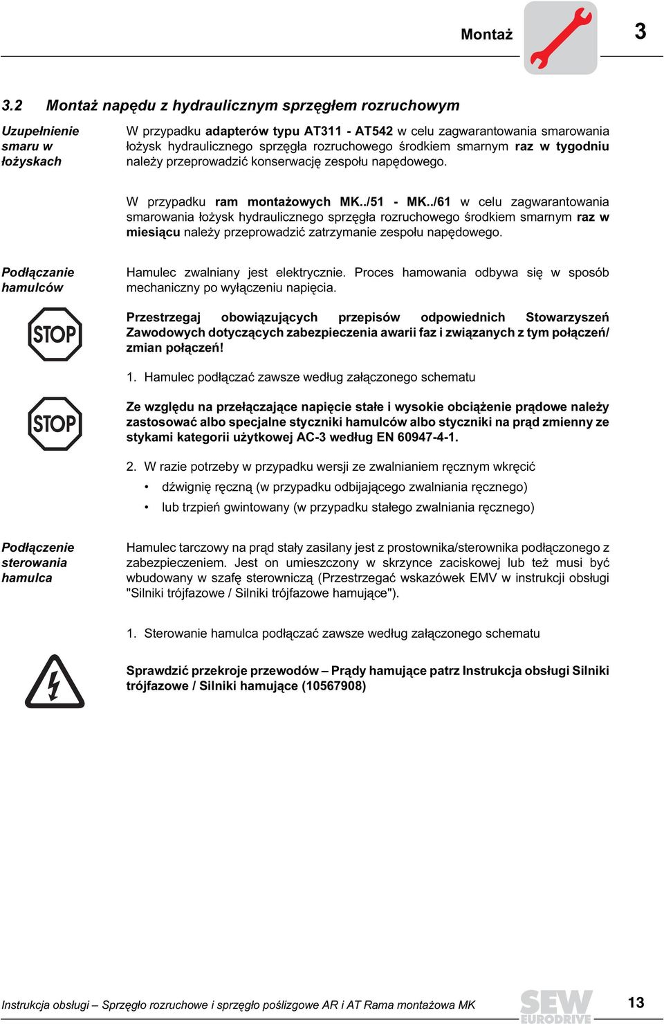 rozruchowego środkiem smarnym raz w tygodniu należy przeprowadzić konserwację zespołu napędowego. W przypadku ram montażowych MK../51 - MK.