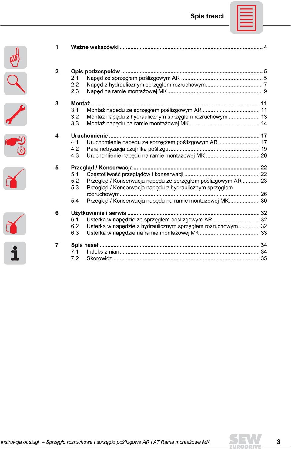 1 Uruchomienie napędu ze sprzęgłem poślizgowym AR... 17 4.2 Parametryzacja czujnika poślizgu... 19 4.3 Uruchomienie napędu na ramie montażowej MK... 20 5 Przegląd / Konserwacja... 22 5.