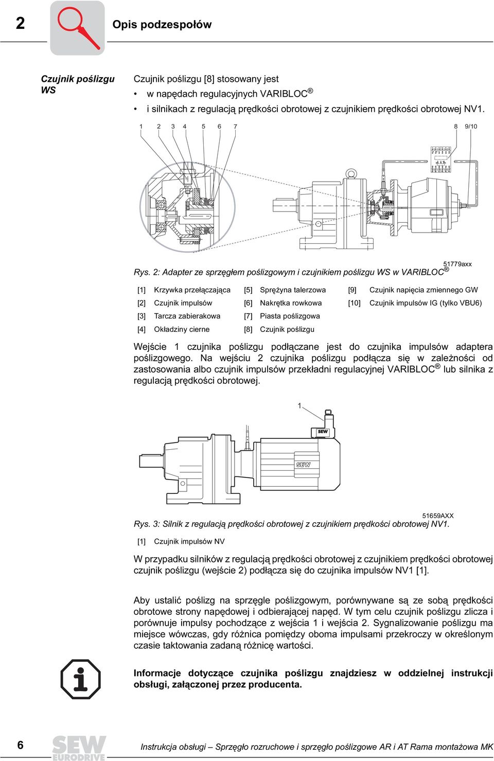 2: Adapter ze sprzęgłem poślizgowym i czujnikiem poślizgu WS w VARIBLOC [1] Krzywka przełączająca [5] Sprężyna talerzowa [9] Czujnik napięcia zmiennego GW [2] Czujnik impulsów [6] Nakrętka rowkowa