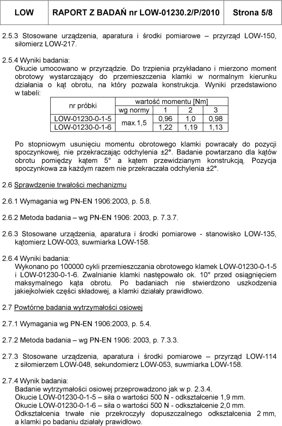 Wyniki przedstawiono w tabeli: wartość momentu [Nm] nr próbki wg normy 1 2 3 LOW-01230-0-1-5 0,96 1,0 0,98 max.