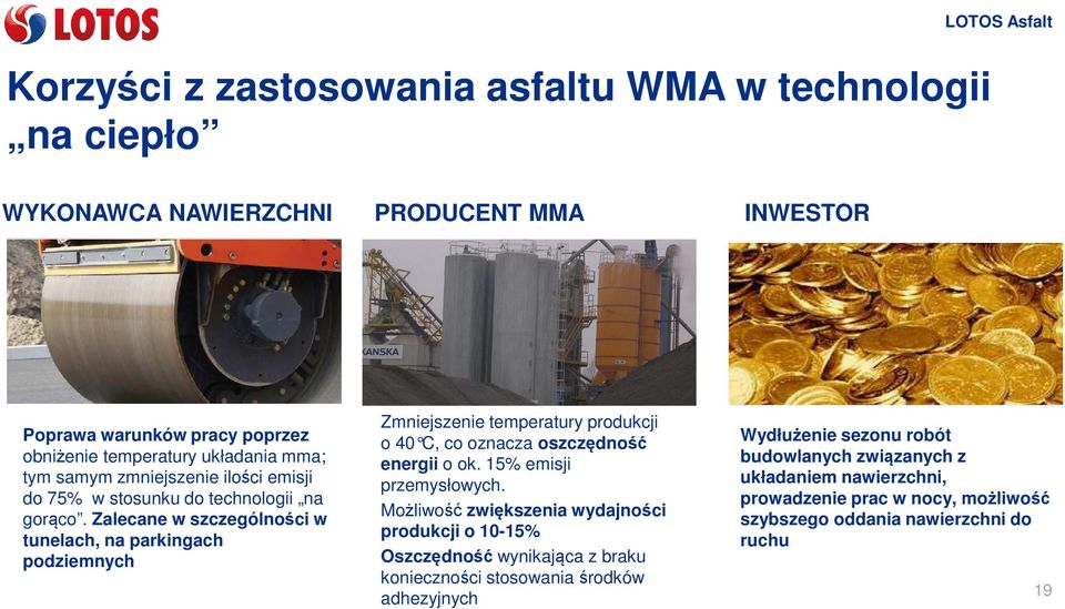 Zalecane w szczególności w tunelach, na parkingach podziemnych Zmniejszenie temperatury produkcji o 40 C, co oznacza oszczędność energii o ok. 15% emisji przemysłowych.