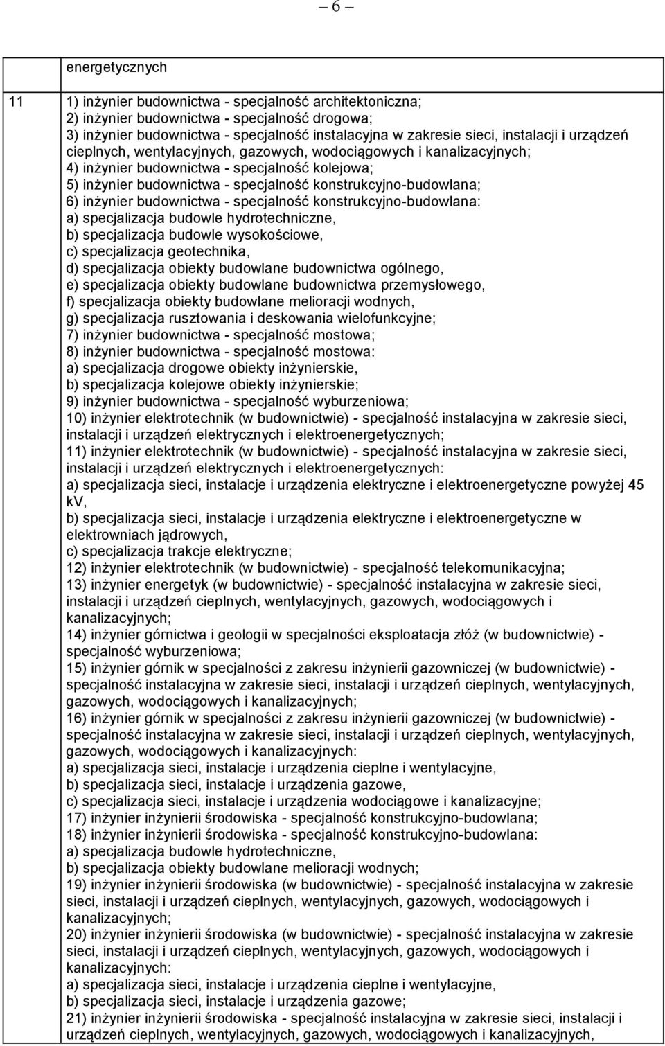 konstrukcyjno-budowlana; 6) inżynier budownictwa - specjalność konstrukcyjno-budowlana: a) specjalizacja budowle hydrotechniczne, b) specjalizacja budowle wysokościowe, c) specjalizacja geotechnika,