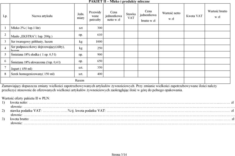 900 6 Śmietana 18% ukwaszona (1op. 0,4 l) op. 650 7 Jogurt ( 450 ml) szt. 350 8 Serek homogenizowany( 150 ml) szt.