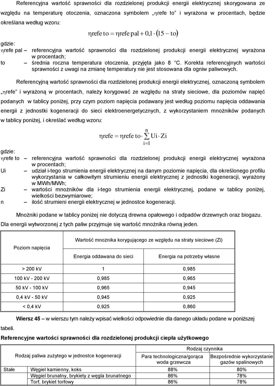 przyjęta jako 8 C. Korekta referencyjnych wartości sprawności z uwagi na zmianę temperatury nie jest stosowana dla ogniw paliwowych.