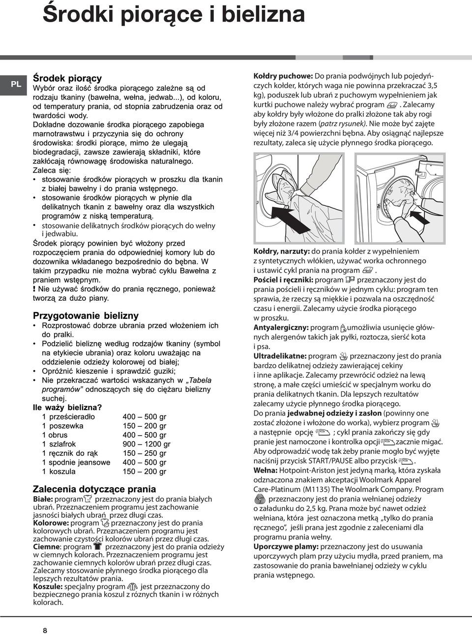 Aby osiągnąć najlepsze rezultaty, zaleca się użycie płynnego środka piorącego. stosowanie delikatnych środków piorących do wełny i jedwabiu. Białe: program przeznaczony jest do prania białych ubrań.