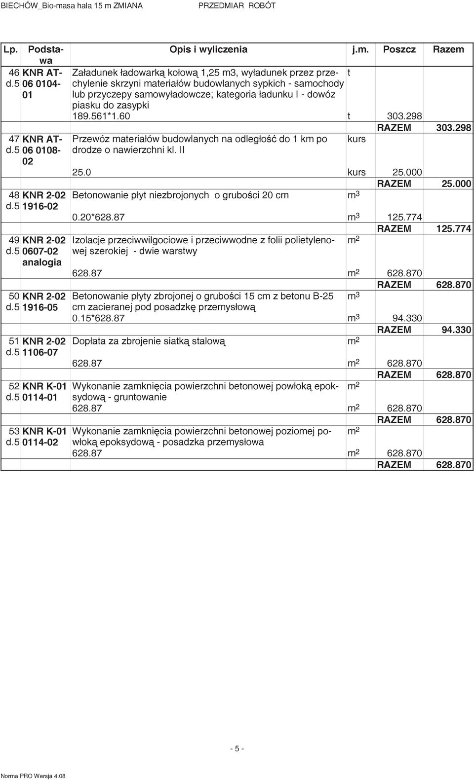 561*1.60 303.298 Przewóz maeriałów budowlanych na odległo do 1 km po drodze o nawierzchni kl. II kurs RAZEM 303.298 25.0 kurs 25.000 RAZEM 25.000 Beonowanie pły niezbrojonych o grubo ci 20 cm 0.