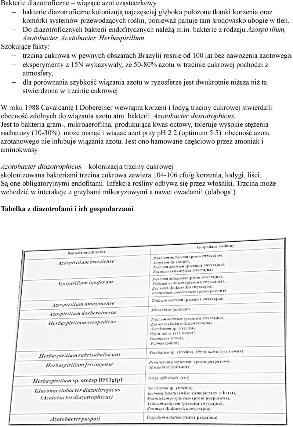 Szokujące fakty: trzcina cukrowa w pewnych obszarach Brazylii rośnie od 100 lat bez nawożenia azotowego, eksperymenty z 15N wykazywały, że 50-80% azotu w trzcinie cukrowej pochodzi z atmosfery, dla