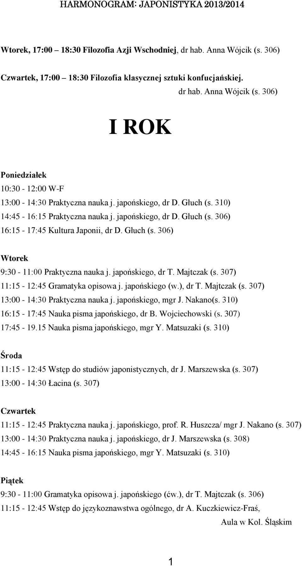 Majtczak (s. 307) 11:15-12:45 Gramatyka opisowa j. japońskiego (w.), dr T. Majtczak (s. 307) 13:00-14:30 Praktyczna nauka j. japońskiego, mgr J. Nakano(s.