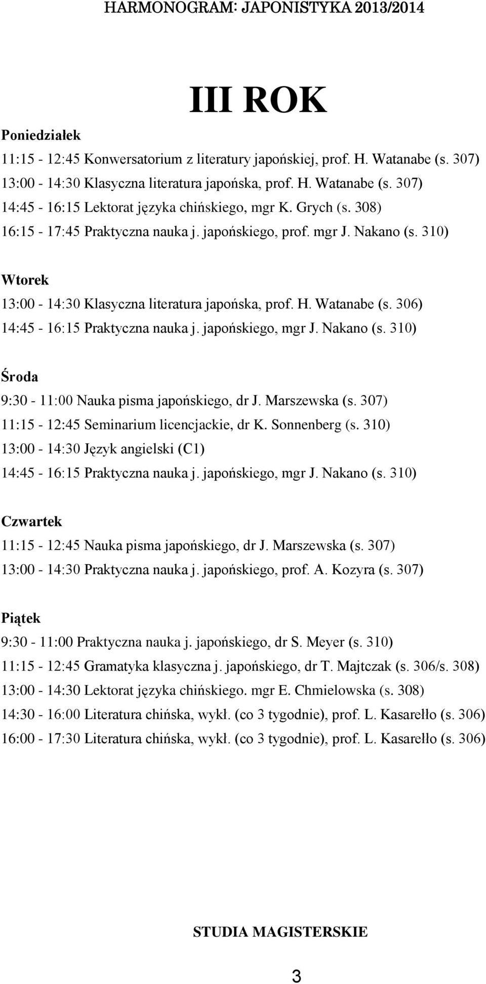 japońskiego, mgr J. Nakano (s. 310) 9:30-11:00 Nauka pisma japońskiego, dr J. Marszewska (s. 307) 11:15-12:45 Seminarium licencjackie, dr K. Sonnenberg (s.