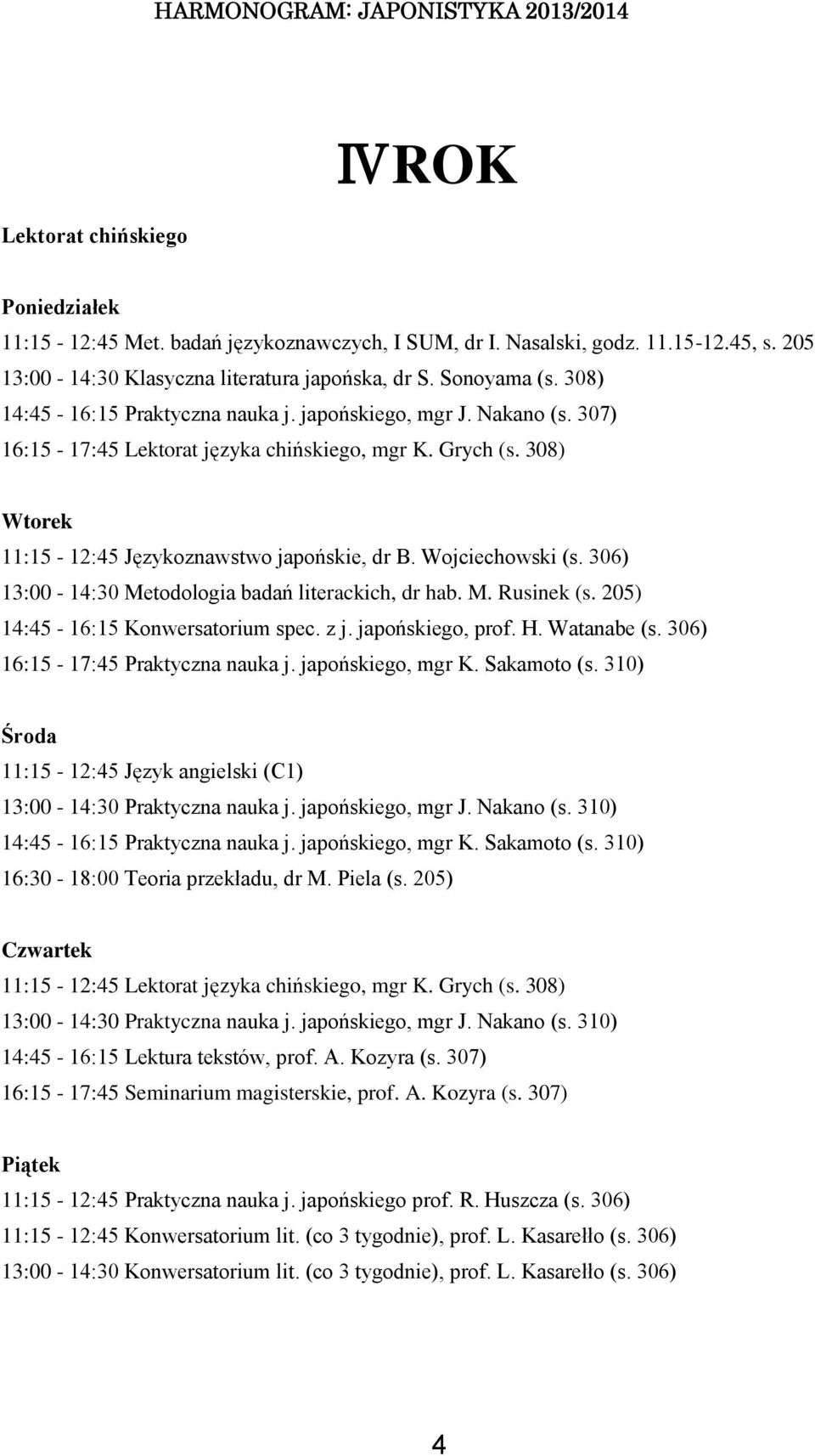 306) 13:00-14:30 Metodologia badań literackich, dr hab. M. Rusinek (s. 205) 14:45-16:15 Konwersatorium spec. z j. japońskiego, prof. H. Watanabe (s.