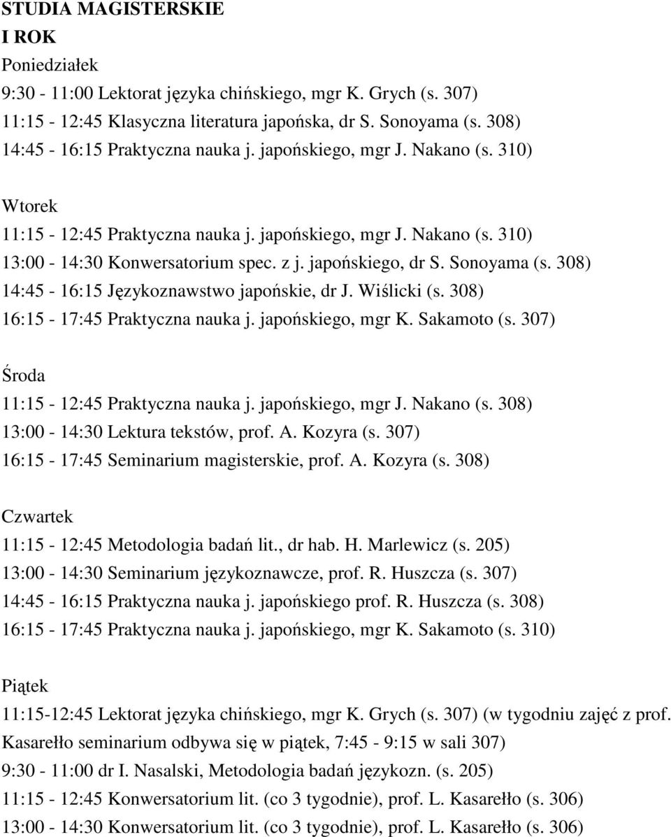 308) 14:45-16:15 Językoznawstwo japońskie, dr J. Wiślicki (s. 308) 16:15-17:45 Praktyczna nauka j. japońskiego, mgr K. Sakamoto (s. 307) 11:15-12:45 Praktyczna nauka j. japońskiego, mgr J. Nakano (s.