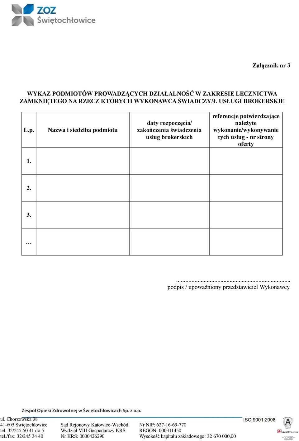 Nazwa i siedziba podmiotu daty rozpoczęcia/ zakończenia świadczenia usług brokerskich
