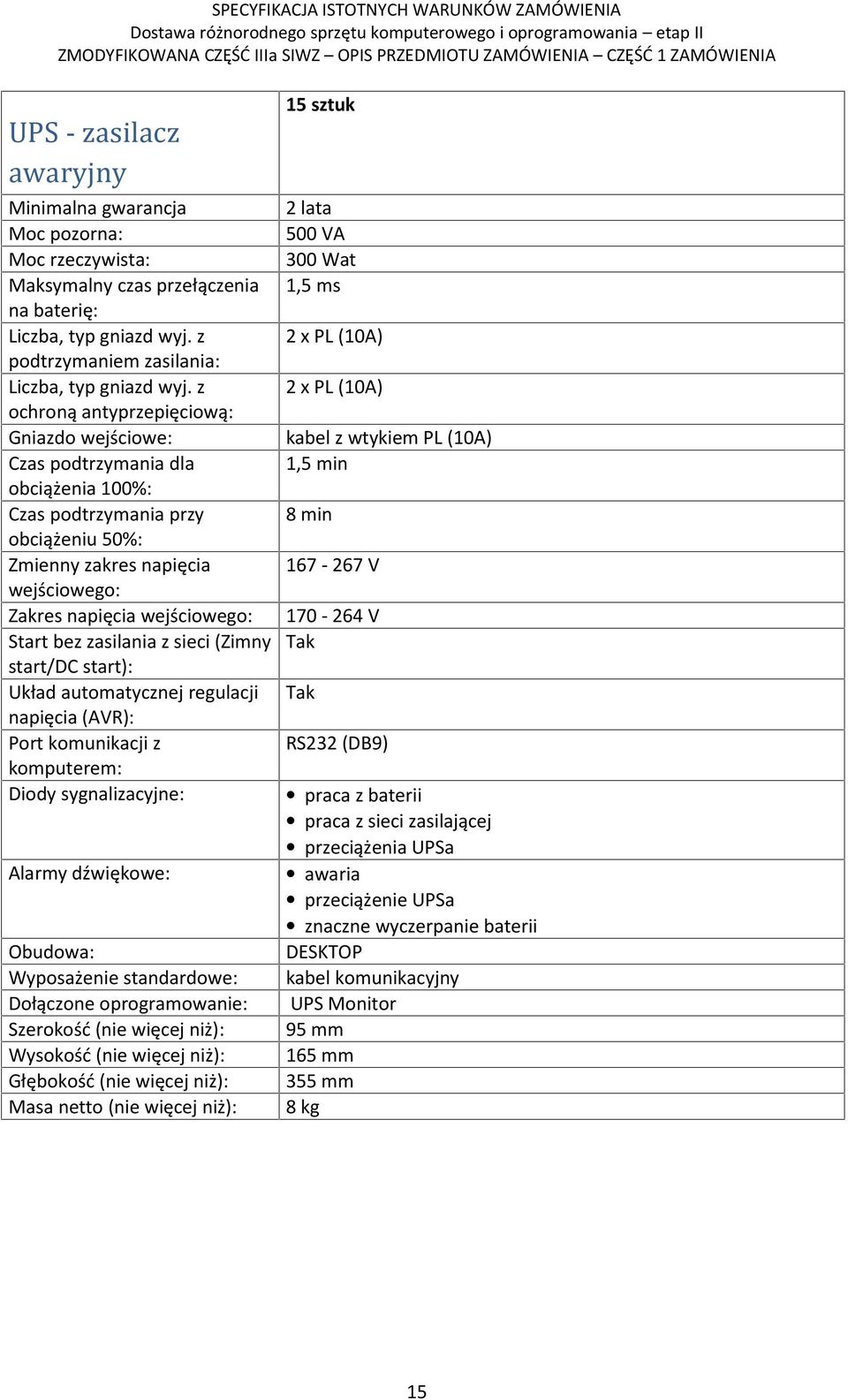 bez zasilania z sieci (Zimny start/dc start): Układ automatycznej regulacji napięcia (AVR): Port komunikacji z komputerem: Diody sygnalizacyjne: Alarmy dźwiękowe: Obudowa: Wyposażenie standardowe: