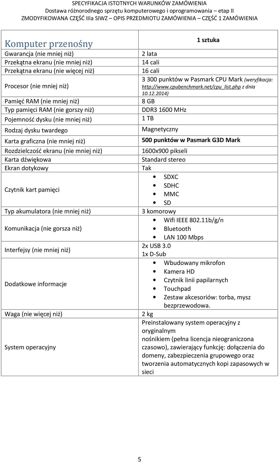 gorsza niż) Interfejsy (nie mniej niż) Dodatkowe informacje Waga (nie więcej niż) System operacyjny 1 sztuka 14 cali 16 cali 3 300 punktów w Pasmark CPU Mark (weryfikacja: http://www.cpubenchmark.