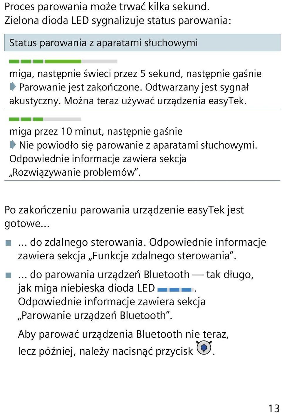 Odtwarzany jest sygnał akustyczny. Można teraz używać urządzenia easytek. miga przez 10 minut, następnie gaśnie Nie powiodło się parowanie z aparatami słuchowymi.