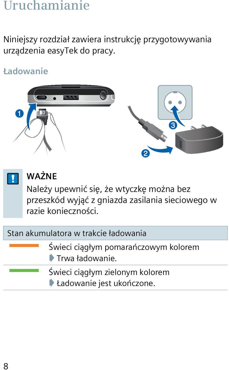 Ładowanie WAŻNE Należy upewnić się, że wtyczkę można bez przeszkód wyjąć z gniazda zasilania