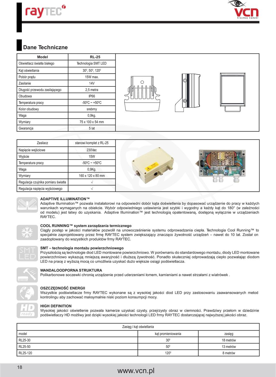 160 x 120 x 80 mm Regulacja czujnika pomiaru światła Regulacja napięcia wyjściowego ADAPTIVE ILLUMINATION Adaptive Illumination pozwala instalatorowi na odpowiedni dobór kąta doświetlenia by