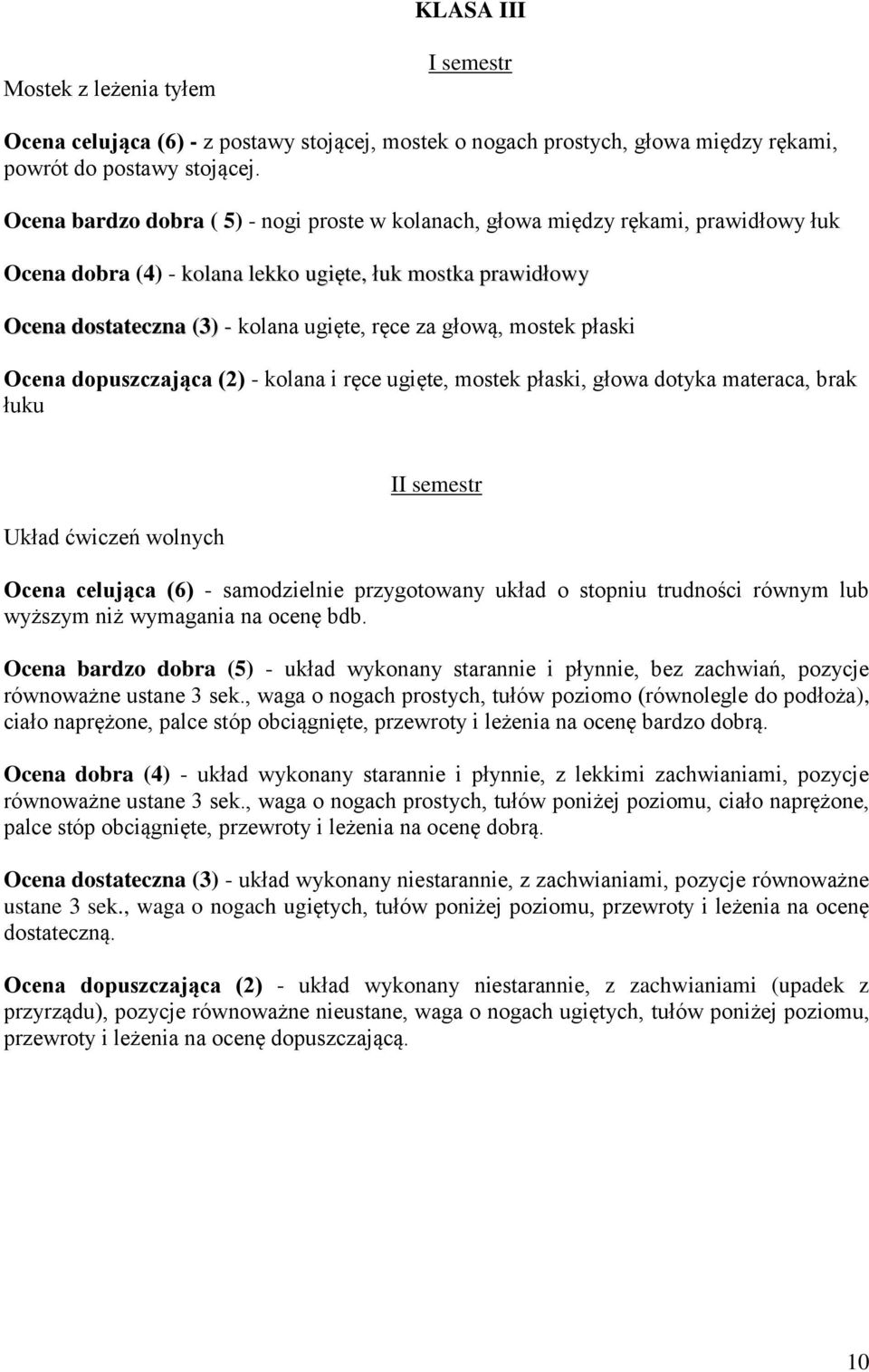 głową, mostek płaski Ocena dopuszczająca (2) - kolana i ręce ugięte, mostek płaski, głowa dotyka materaca, brak łuku Układ ćwiczeń wolnych I Ocena celująca (6) - samodzielnie przygotowany układ o