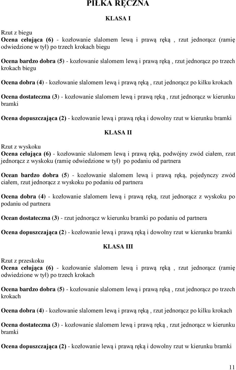 lewą i prawą ręką, rzut jednorącz w kierunku bramki Ocena dopuszczająca (2) - kozłowanie lewą i prawą ręką i dowolny rzut w kierunku bramki KLASA II Rzut z wyskoku Ocena celująca (6) - kozłowanie