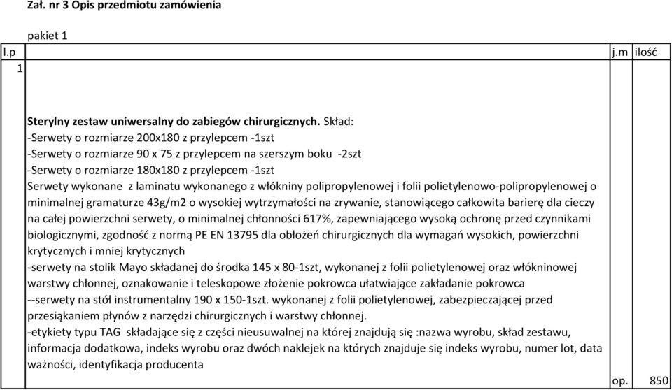 wykonanego z włókniny polipropylenowej i folii polietylenowo-polipropylenowej o minimalnej gramaturze 43g/m2 o wysokiej wytrzymałości na zrywanie, stanowiącego całkowita barierę dla cieczy na całej