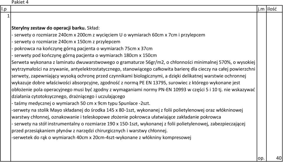 37cm - serwety pod kończynę górną pacjenta o wymiarach 180cm x 150cm Serweta wykonana z laminatu dwuwarstwowego o gramaturze 56gr/m2, o chłonności minimalnej 570%, o wysokiej wytrzymałości na