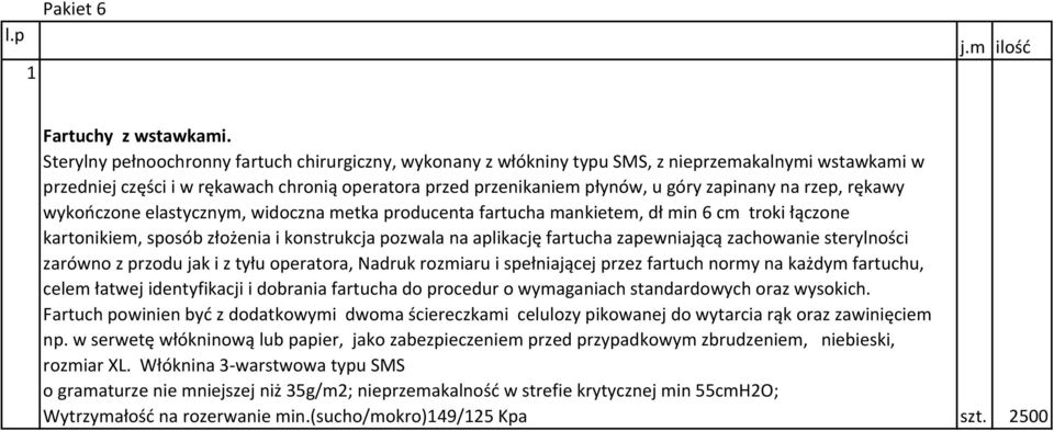 rzep, rękawy wykończone elastycznym, widoczna metka producenta fartucha mankietem, dł min 6 cm troki łączone kartonikiem, sposób złożenia i konstrukcja pozwala na aplikację fartucha zapewniającą