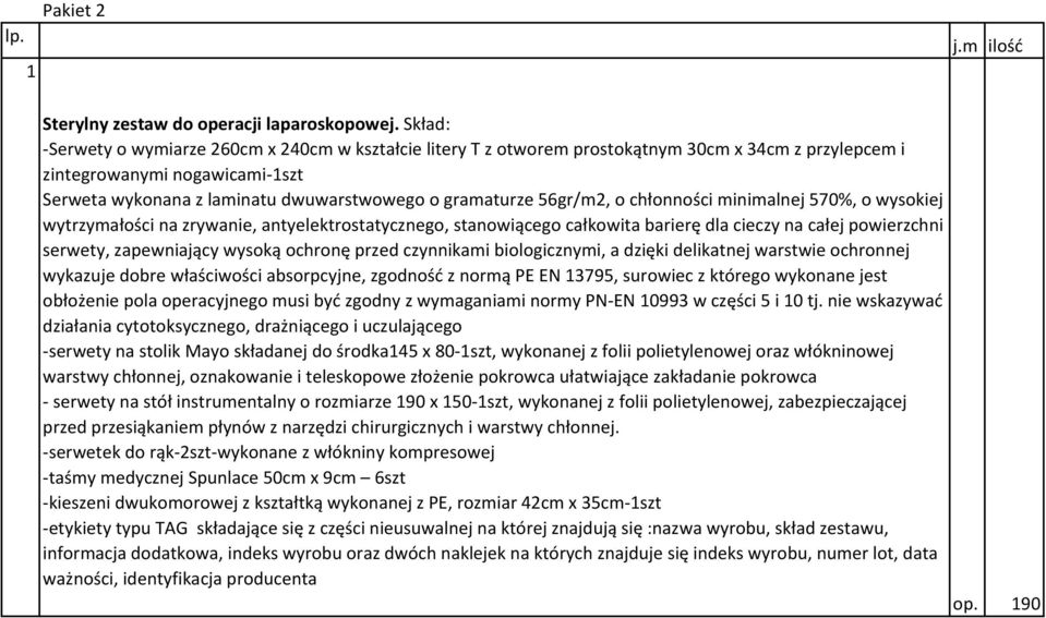 56gr/m2, o chłonności minimalnej 570%, o wysokiej wytrzymałości na zrywanie, antyelektrostatycznego, stanowiącego całkowita barierę dla cieczy na całej powierzchni serwety, zapewniający wysoką