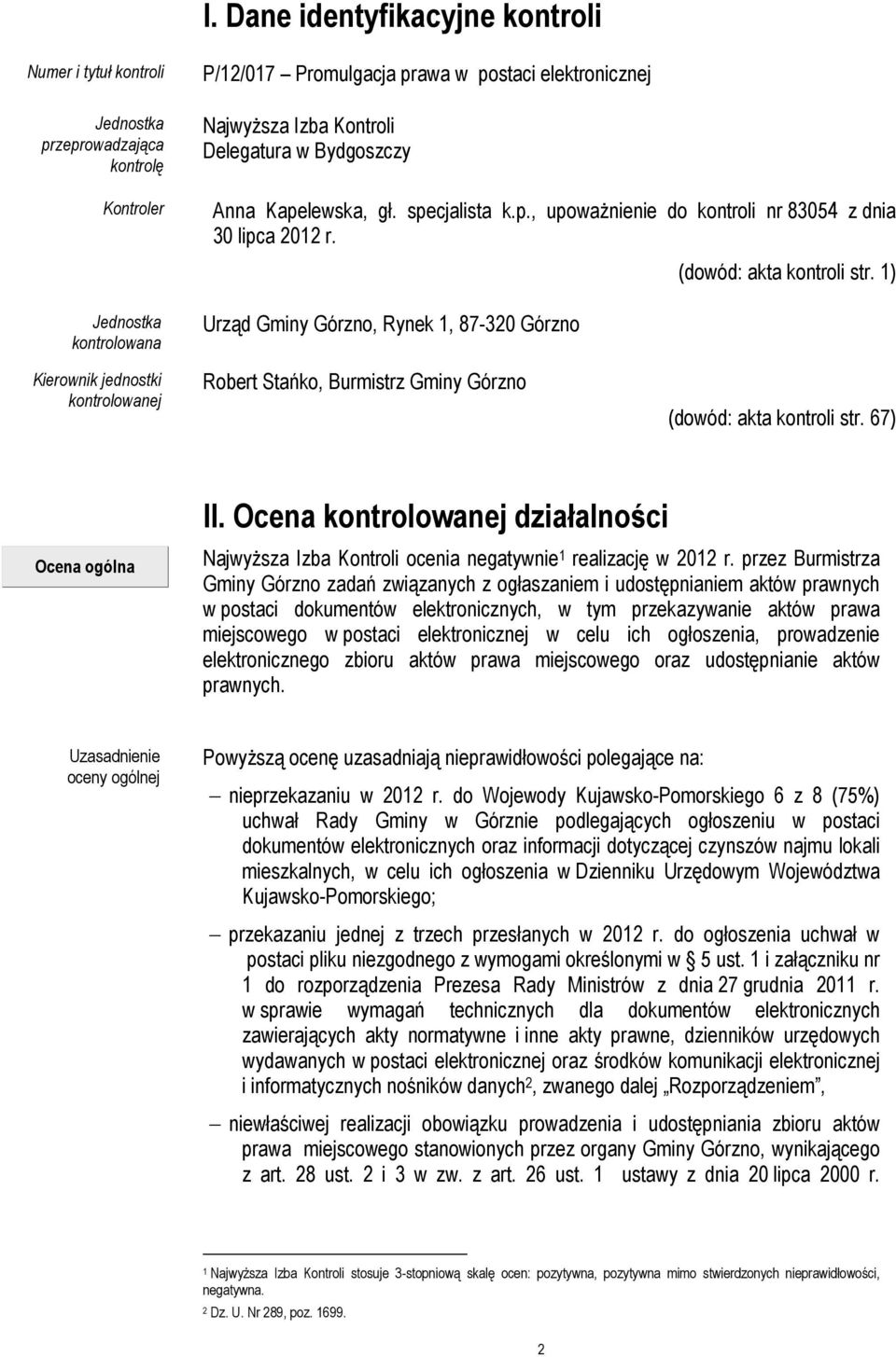 1) Kierownik jednostki kontrolowanej Robert Stańko, Burmistrz Gminy Górzno (dowód: akta kontroli str. 67) II.