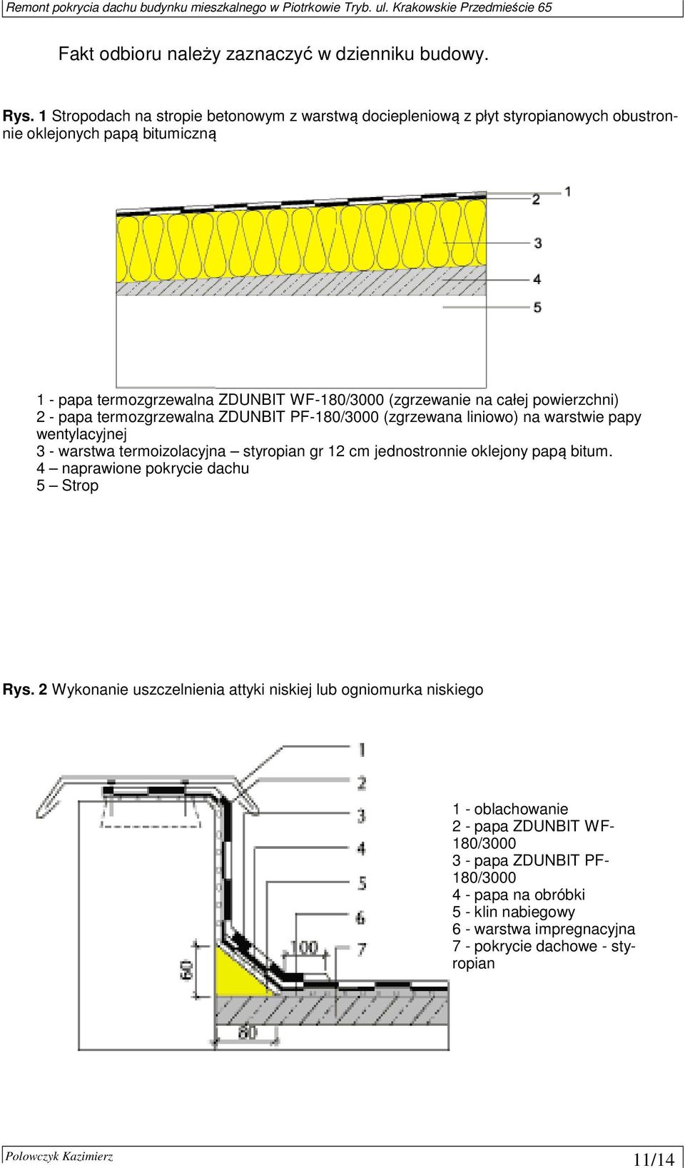 całej powierzchni) 2 - papa termozgrzewalna ZDUNBIT PF-180/3000 (zgrzewana liniowo) na warstwie papy wentylacyjnej 3 - warstwa termoizolacyjna styropian gr 12 cm jednostronnie