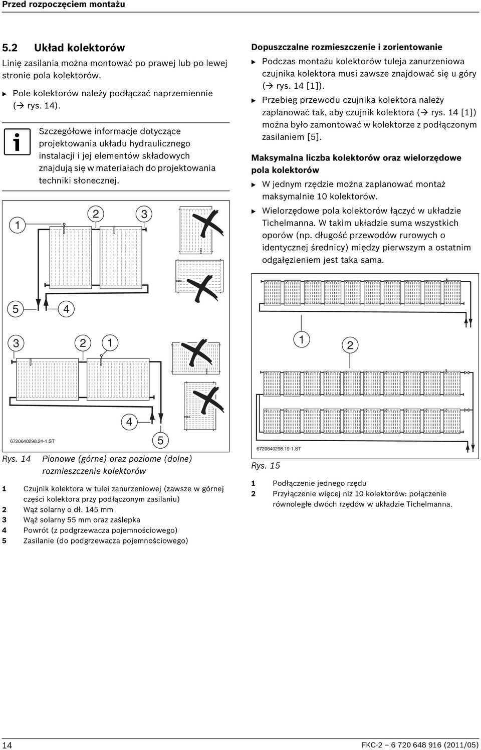 3 Dopuszczalne rozmieszczenie i zorientowanie B Podczas montażu kolektorów tuleja zanurzeniowa czujnika kolektora musi zawsze znajdować się u góry ( rys. 4 []).