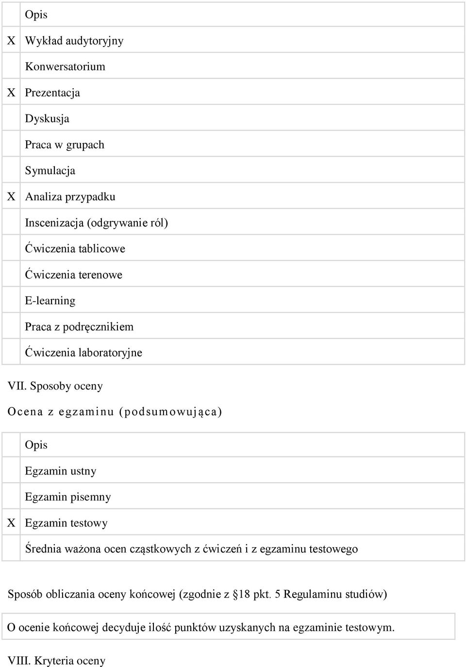 Sposoby oceny Ocena z egzaminu (podsumowująca) Opis Egzamin ustny Egzamin pisemny X Egzamin testowy Średnia ważona ocen cząstkowych z ćwiczeń i