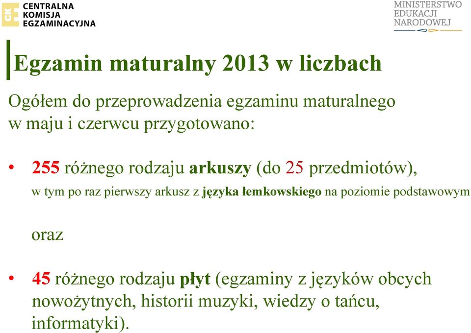 pierwszy arkusz z języka łemkowskiego na poziomie podstawowym oraz 45 różnego rodzaju