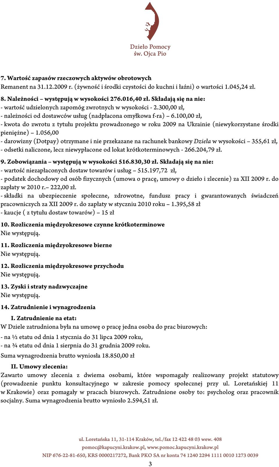 100,00 zł, - kwota do zwrotu z tytułu projektu prowadzonego w roku 2009 na Ukrainie (niewykorzystane środki pieniężne) 1.