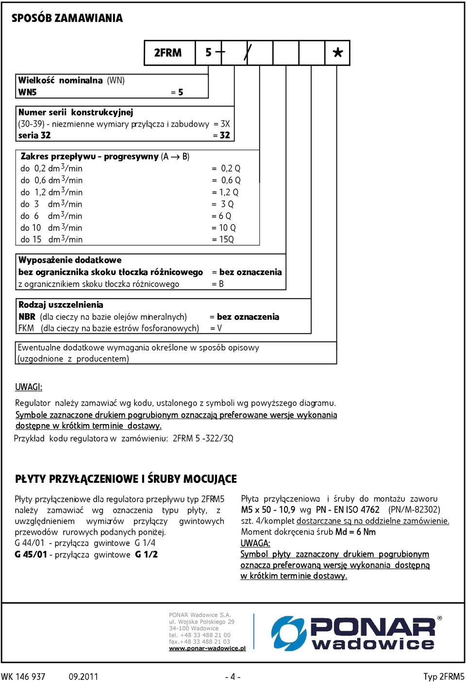skku tłczka różnicweg = Rdzaj uszczelnienia NR (dla cieczy na bazie lejów mineralnych) FKM (dla cieczy na bazie estrów fsfranwych) = bez znaczenia = V Ewentualne ddatkwe wymagania kreślne w ssób iswy
