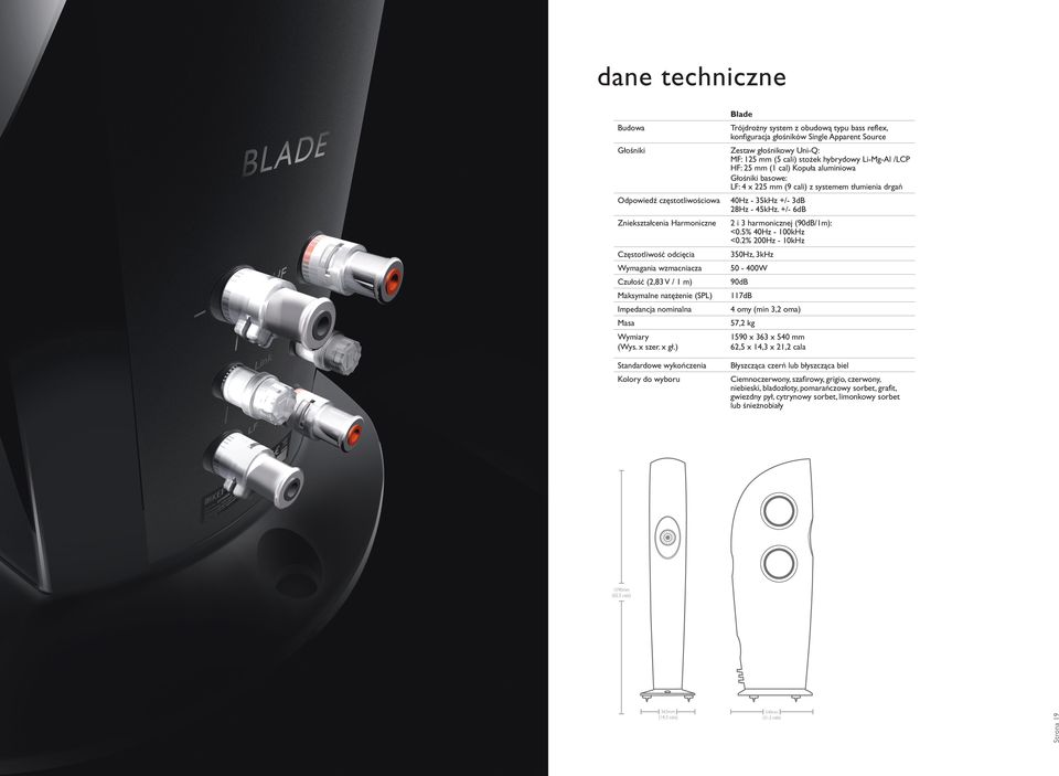 +/- 6dB Zniekształcenia Harmoniczne 2 i 3 harmonicznej (90dB/1m): <0.5% 40Hz - 100kHz <0.