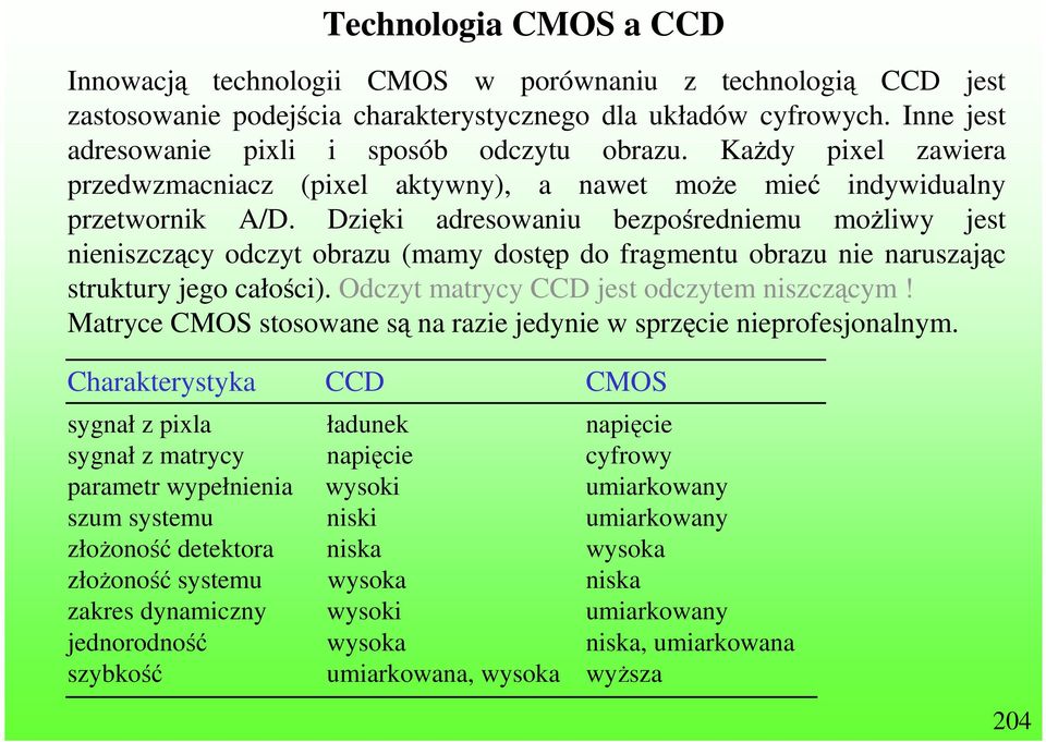 Dzięki adresowaniu bezpośredniemu moŝliwy jest nieniszczący odczyt obrazu (mamy dostęp do fragmentu obrazu nie naruszając struktury jego całości). Odczyt matrycy CCD jest odczytem niszczącym!