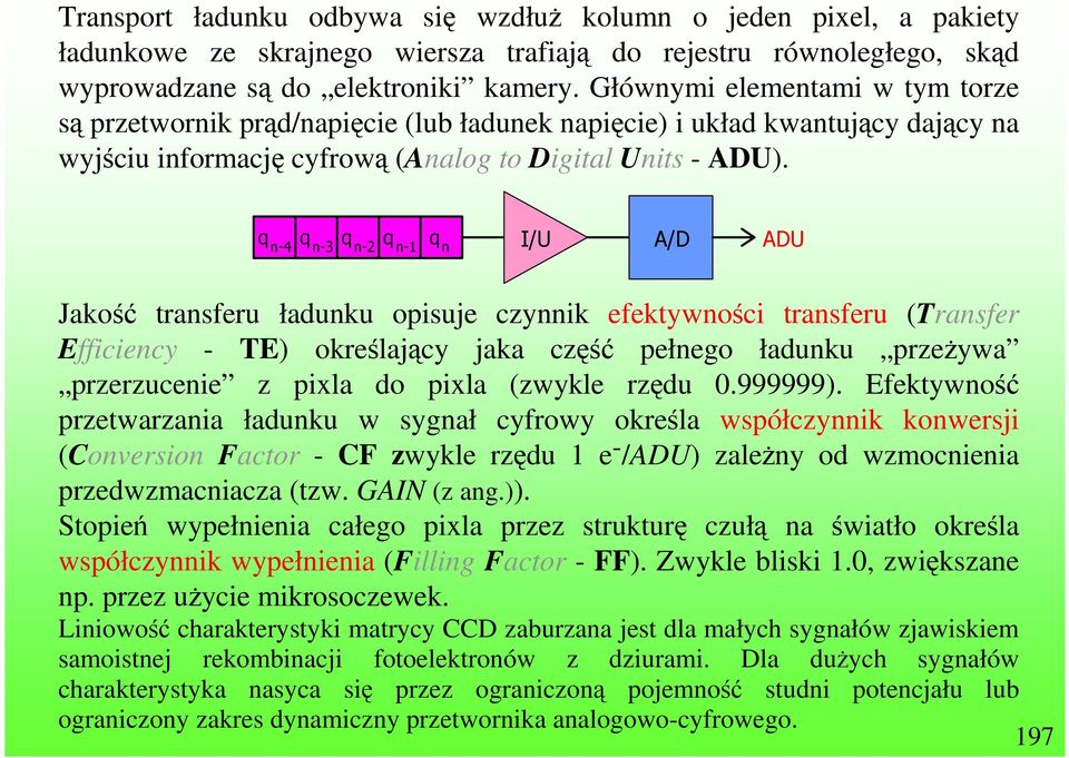 q n-4 q n-3 q n-2 q n-1 q n I/U A/D ADU Jakość transferu ładunku opisuje czynnik efektywności transferu (Transfer Efficiency - TE) określający jaka część pełnego ładunku przeŝywa przerzucenie z pixla