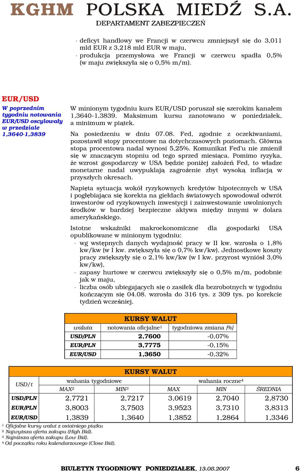 Maksimum kursu zanotowano w poniedziałek, a minimum w piątek. Na posiedzeniu w dniu 07.08. Fed, zgodnie z oczekiwaniami, pozostawił stopy procentowe na dotychczasowych poziomach.