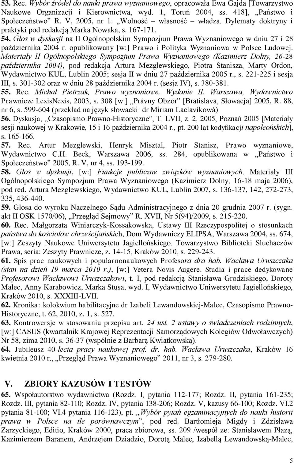 Głos w dyskusji na II Ogólnopolskim Sympozjum Prawa Wyznaniowego w dniu 27 i 28 października 2004 r. opublikowany [w:] Prawo i Polityka Wyznaniowa w Polsce Ludowej.