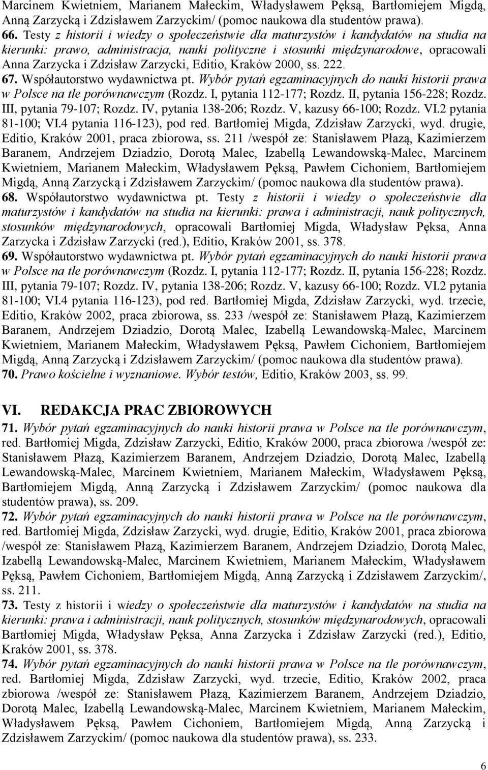 Zarzycki, Editio, Kraków 2000, ss. 222. 67. Współautorstwo wydawnictwa pt. Wybór pytań egzaminacyjnych do nauki historii prawa w Polsce na tle porównawczym (Rozdz. I, pytania 112-177; Rozdz.