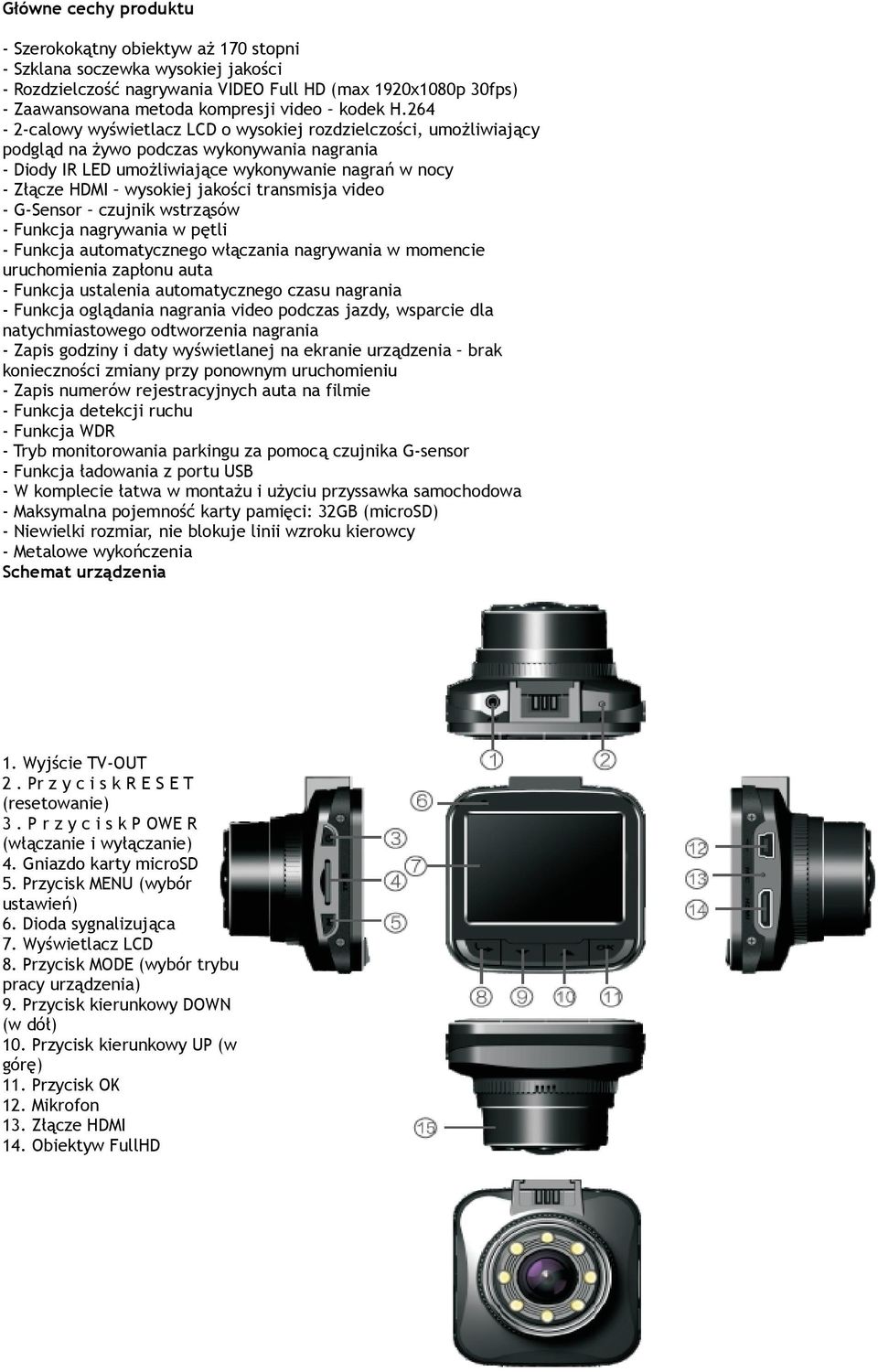 264-2-calowy wyświetlacz LCD o wysokiej rozdzielczości, umożliwiający podgląd na żywo podczas wykonywania nagrania - Diody IR LED umożliwiające wykonywanie nagrań w nocy - Złącze HDMI wysokiej