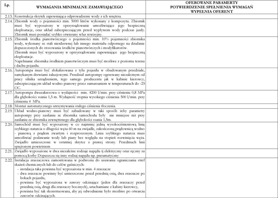 Zbiornik musi posiadać szybko otwierany właz rewizyjny. 2.15. Zbiornik środka pianotwórczego o pojemności min.