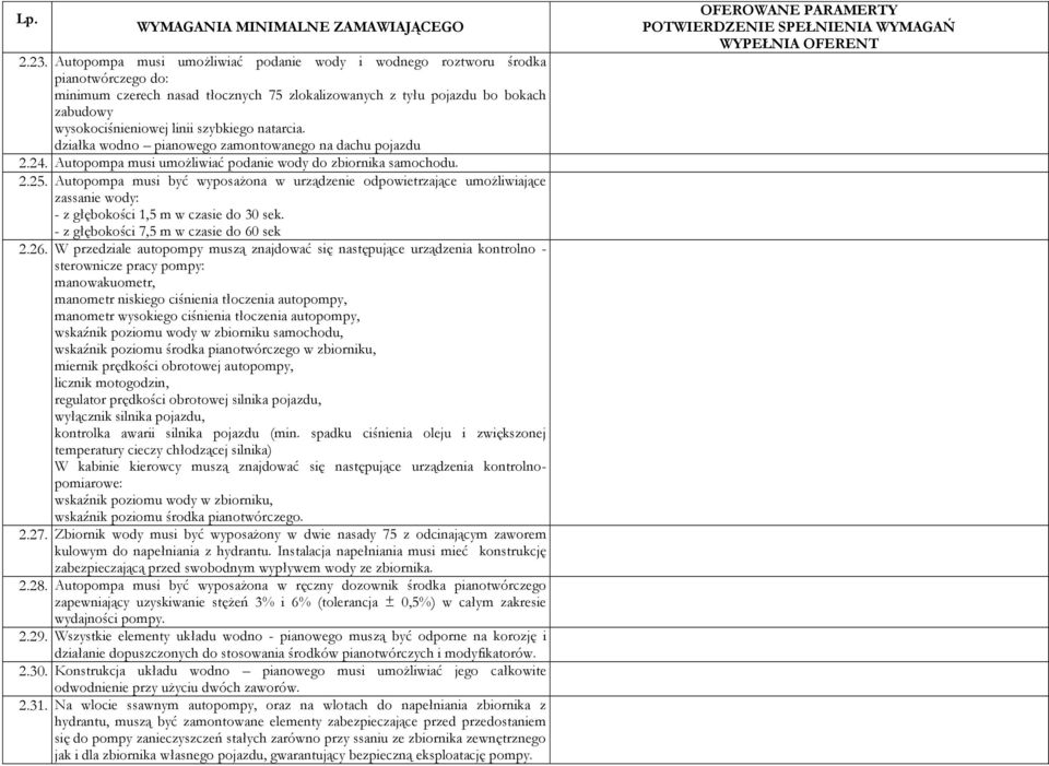 Autopompa musi być wyposażona w urządzenie odpowietrzające umożliwiające zassanie wody: - z głębokości 1,5 m w czasie do 30 sek. - z głębokości 7,5 m w czasie do 60 sek 2.26.