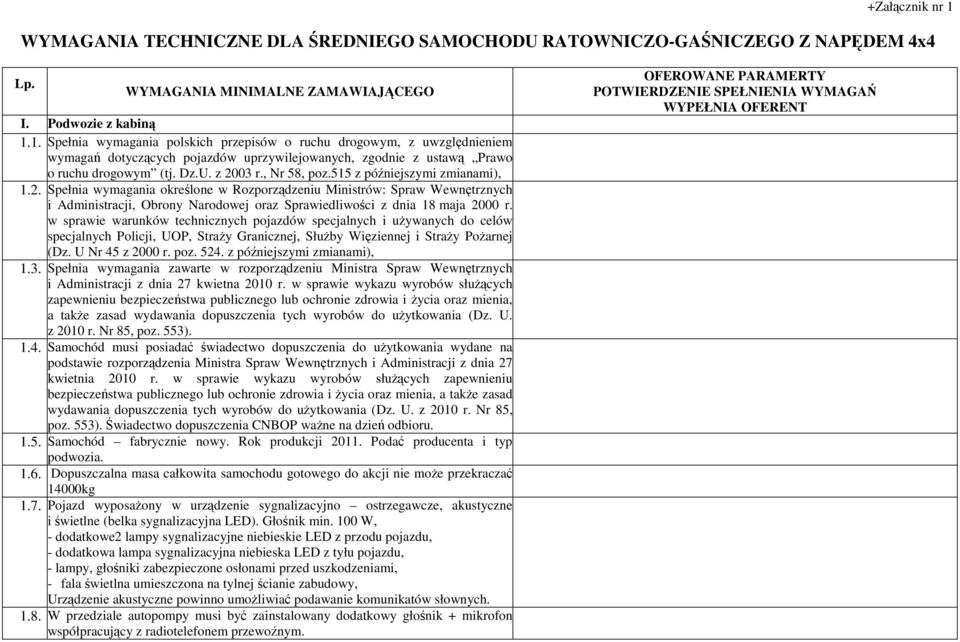 w sprawie warunków technicznych pojazdów specjalnych i używanych do celów specjalnych Policji, UOP, Straży Granicznej, Służby Więziennej i Straży Pożarnej (Dz. U Nr 45 z 2000 r. poz. 524.