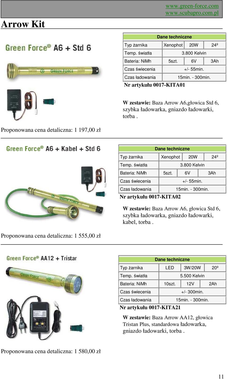 800 Kelvin Bateria: NiMh 5szt. 6V 3Ah świecenia +/- 55min. Nr artykułu 0017-KITA02 W zestawie: Baza Arrow A6, głowica Std 6, szybka ładowarka, gniazdo ładowarki, kabel, torba.