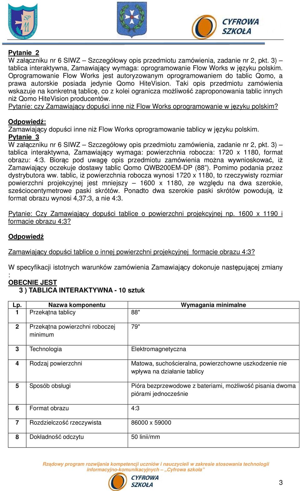 Taki opis przedmiotu zamówienia wskazuje na konkretną tablicę, co z kolei ogranicza możliwość zaproponowania tablic innych niż Qomo HiteVision producentów.