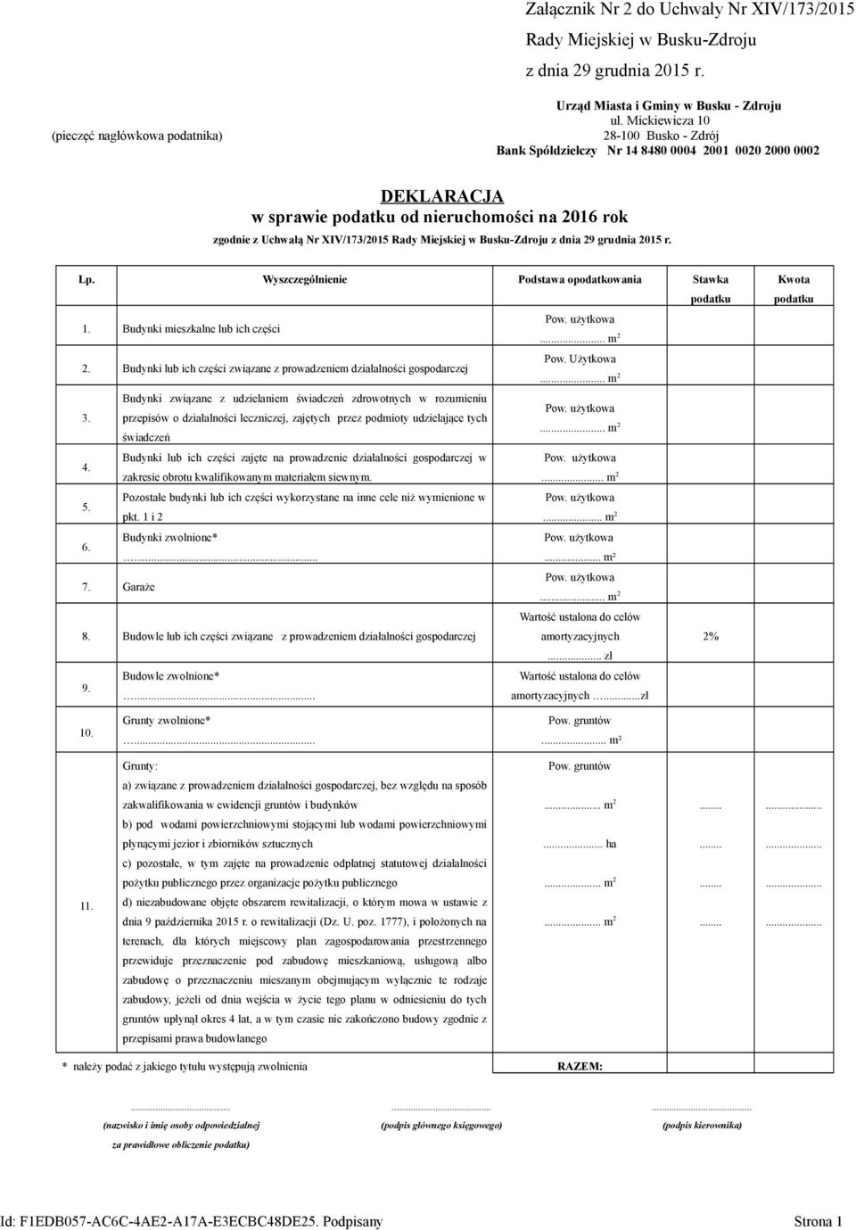 Busku-Zdroju z dnia 29 grudnia 2015 r. Lp. Wyszczególnienie Podstawa opodatkowania Stawka podatku 1. Budynki mieszkalne lub ich części Pow. Użytkowa 2.