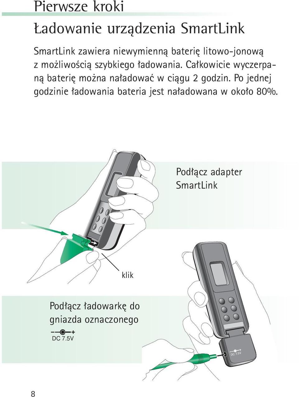 Całkowicie wyczerpaną baterię można naładować w ciągu 2 godzin.