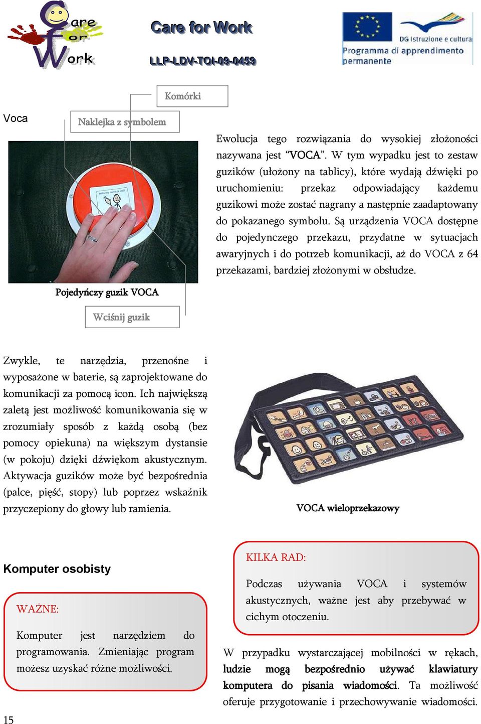 symbolu. Są urządzenia VOCA dostępne do pojedynczego przekazu, przydatne w sytuacjach awaryjnych i do potrzeb komunikacji, aż do VOCA z 64 przekazami, bardziej złożonymi w obsłudze.