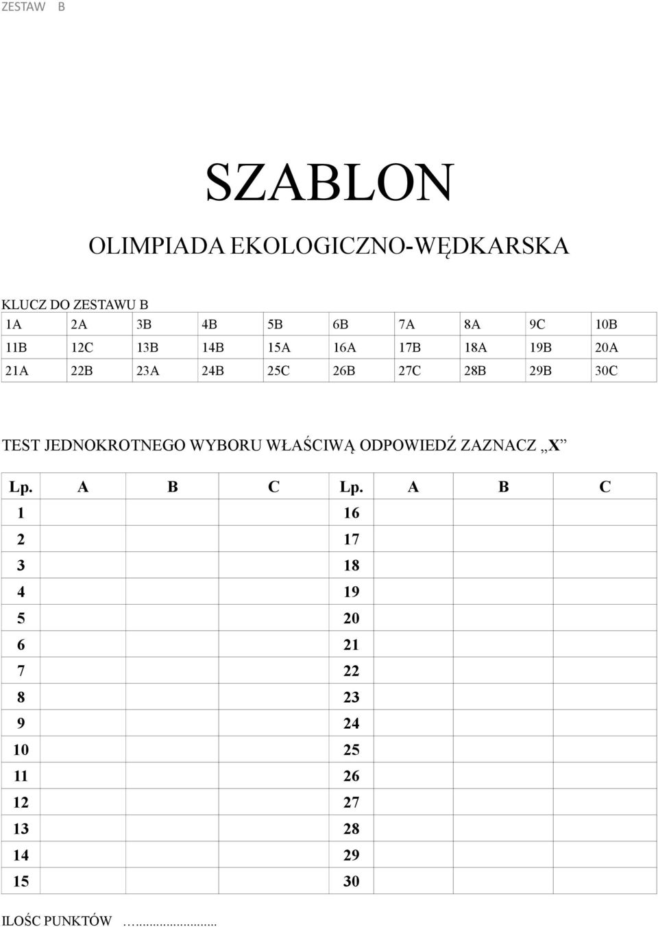 TEST JEDNOKROTNEGO WYBORU WŁAŚCIWĄ ODPOWIEDŹ ZAZNACZ X Lp. A B C Lp.